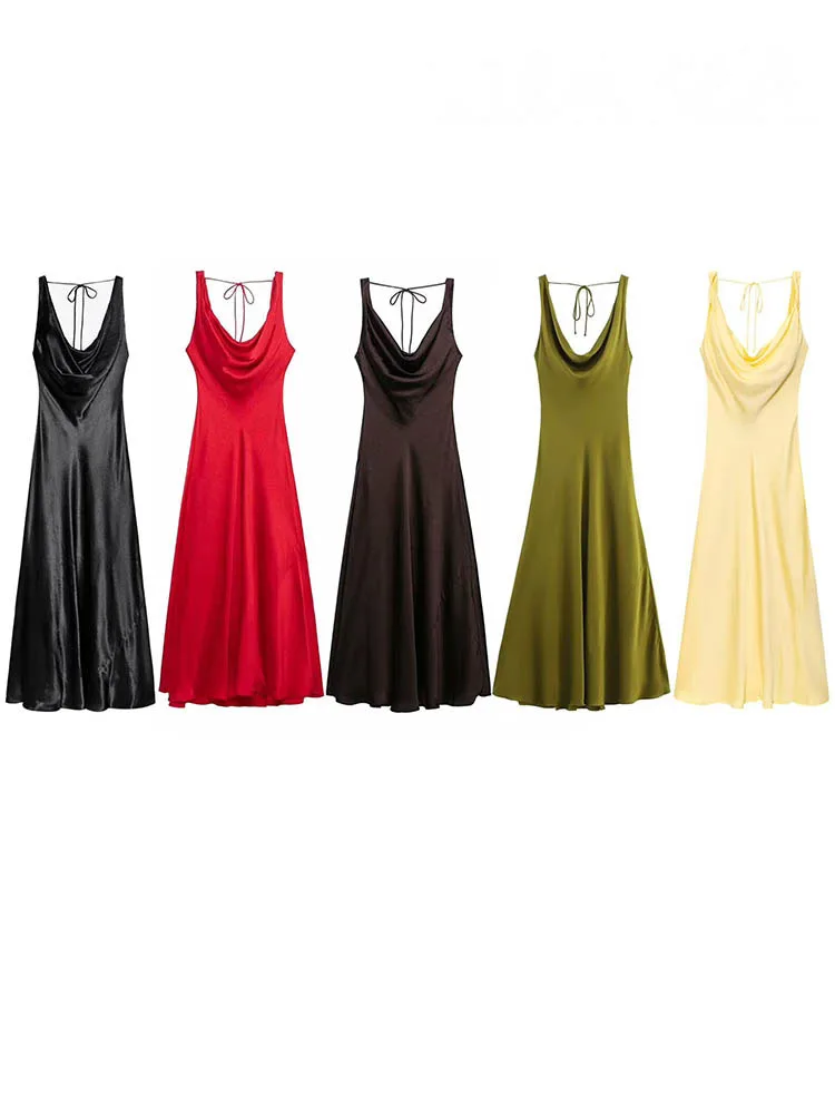 HH Women's Solid Vacation Style Satin Texture Backless V-neck Midi Dress Summer Female Elegant Sexy Lace-up Strap Dress 3