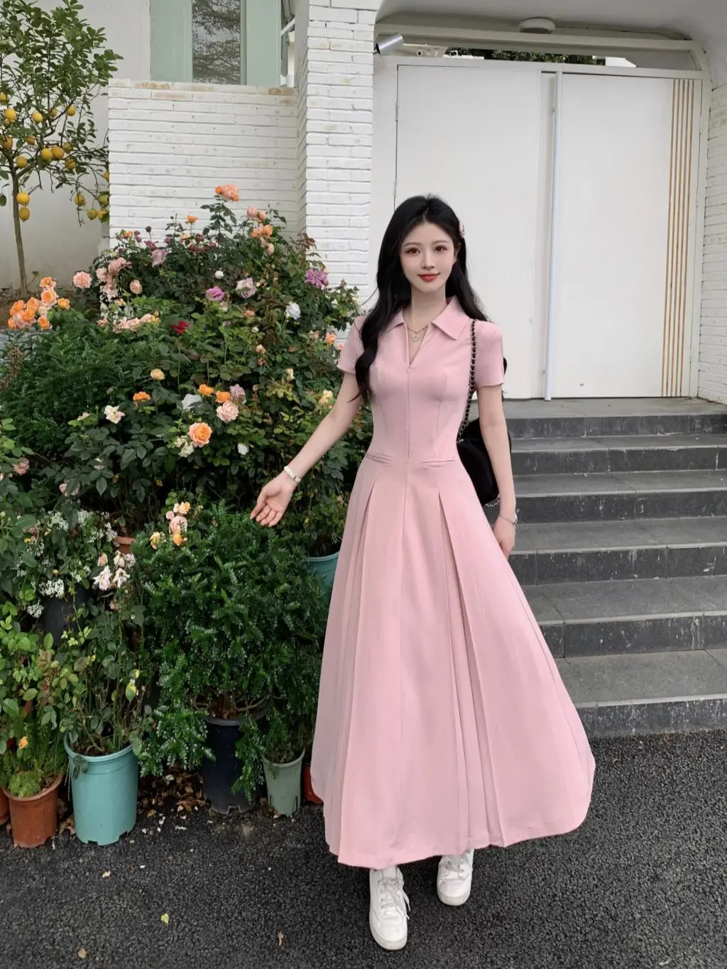 Summer New Casual Slim Solid Dresses for Women Sporty Turn-down Collor A-line Korean Chic Streetwear Simple Vestidos Mujer
