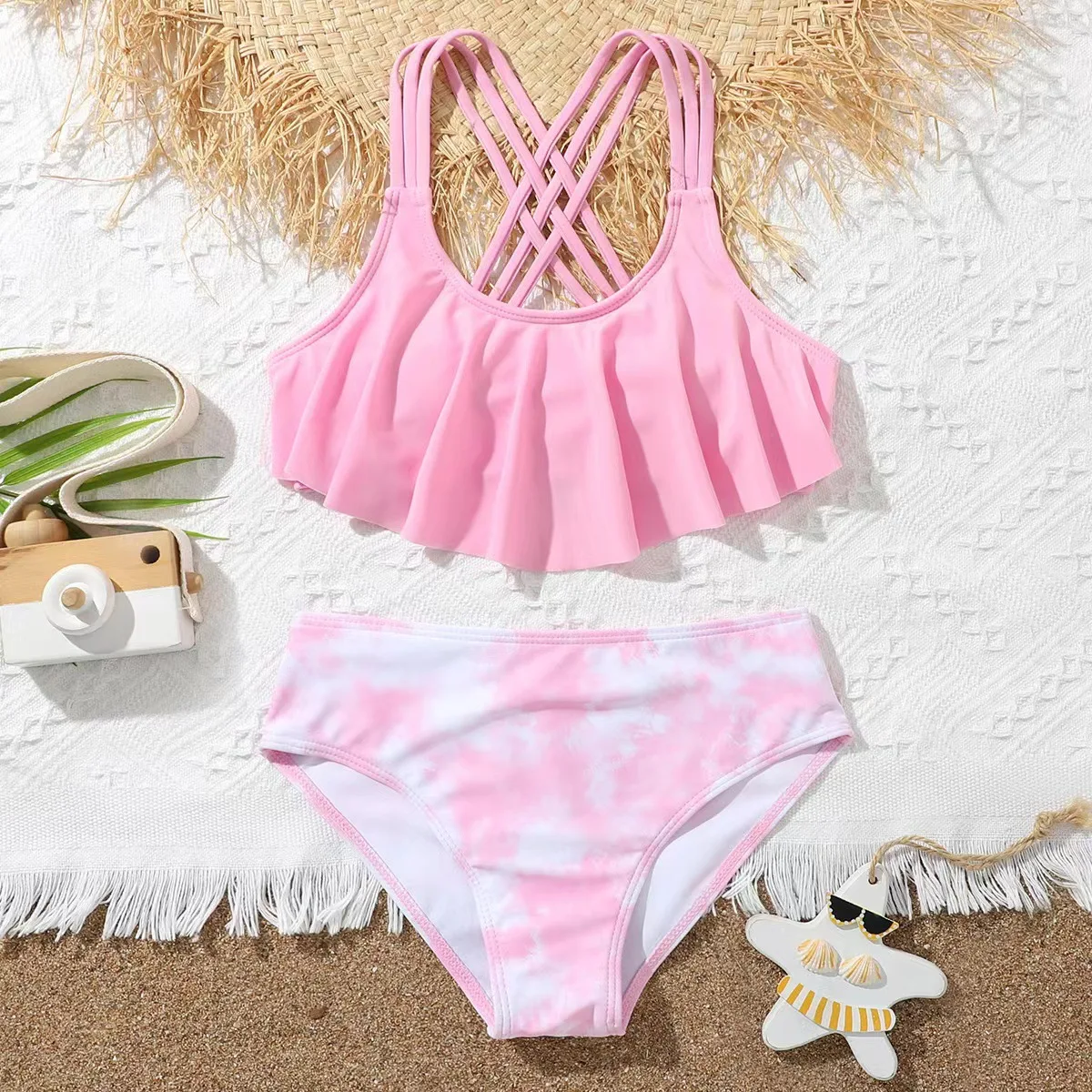 

Girls Ruffle High Waist Bikini Two Pieces Swimsuit for Kids Children's Swimwear 7-12 Years Teenager Bathing Suit Beachwear Pink