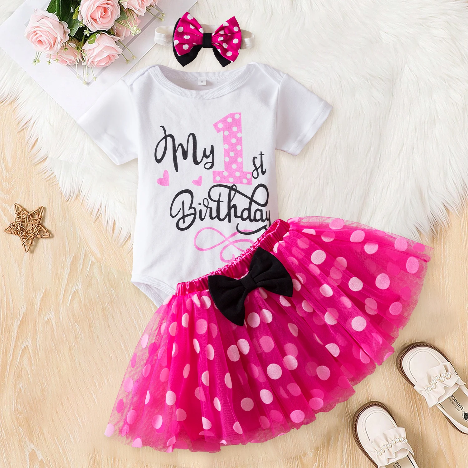 3Pcs Baby Girl 1st Birthday Dress Sets Short Sleeve Top & Polka Dot Skirt & Bow Headband Newborn Outfit Minni Cosplay Dress girls dress baby girl dress