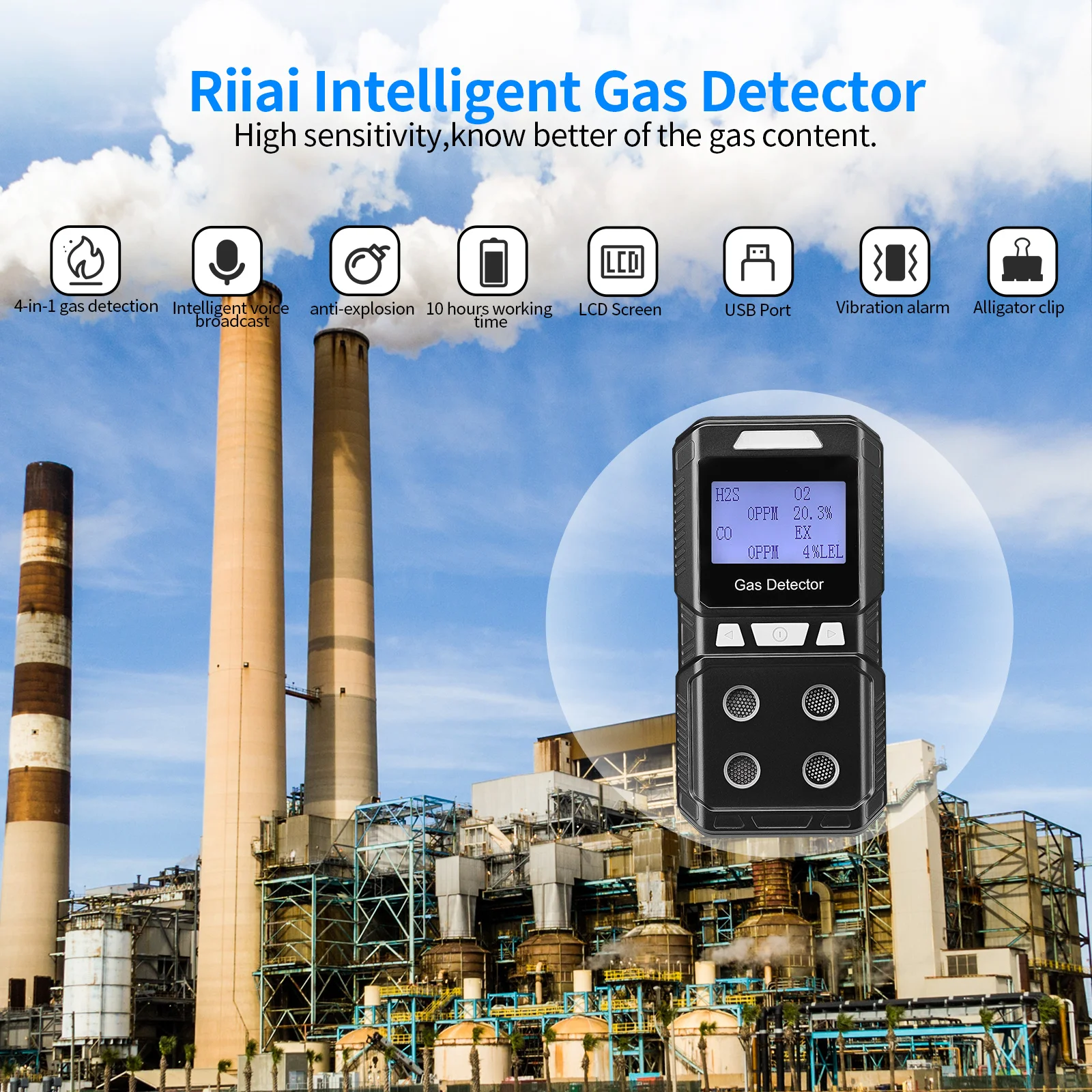 Rechargeable Portable 4 Gas Detector Multi Gas Monitor Air Quality Tester Analyz