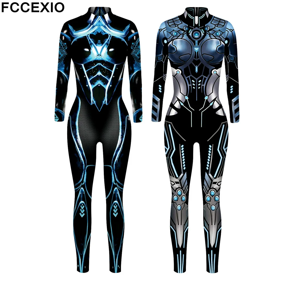 

FCCEXIO Combat Armor Pattern 3D Printed Halloween Cosplay Costume Women Jumpsuit Bodysuit Adult Carnival Party Clothing