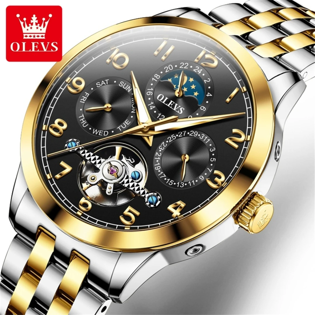 

OLEVS 7018 Fashion Mechanical Watch Gift Stainless Steel Watchband Round-dial Week Display Calendar