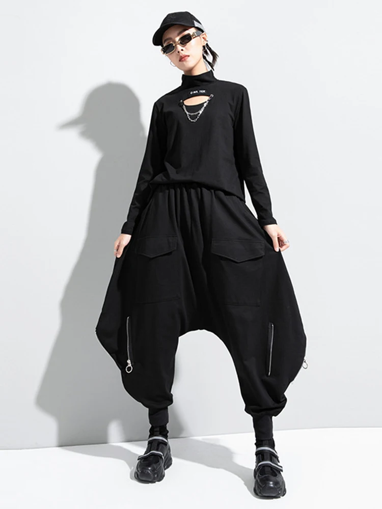 [EAM] High Elastic Waist Black Brief Long Harem Trousers New Loose Fit Pants Women Fashion Tide Spring Autumn 2026 1DC778