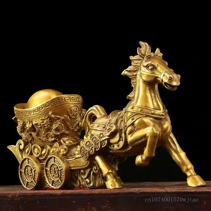 Pure Copper Horse Drawn Sculpture Horse Shaped Home, Living Room Bookcase Desktop, Study, Decoration Gift, Feng Shui Animal, 1Pc