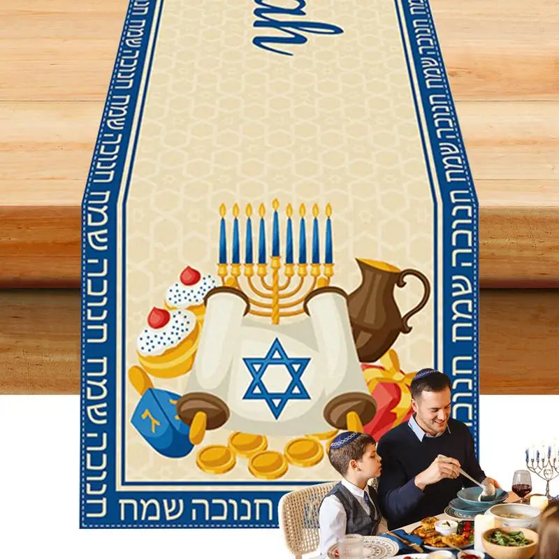 

Happy Hanukkah Menorah Table Runner, Seasonal Chanukah Kitchen Dining Table Decoration for Home Festival Dining Table Runners