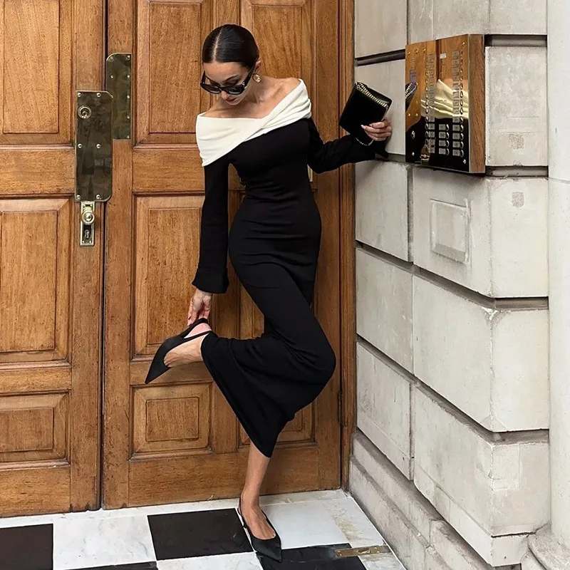 Elegant Contrast Slim Maxi Dress Female Off-Shoulder Fashion Twist Long Sleeve Patchwork Dress Ladies Party Dress Clothes