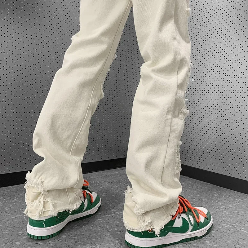 Fashion Stretch Patch Men's Jeans Y2K Patchwork Creative Tassels Decoration Straight Denim Trousers For Men Hip Hop Jean Pants