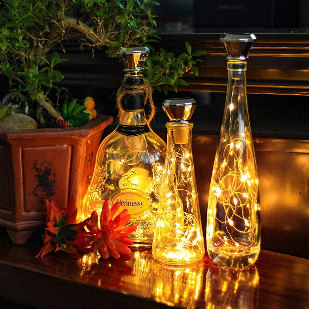 Guirnalda de luces solares para botellas de vino actualizadas, 2 m, 20 LED, alambre de cobre, para decoración de fiestas de bodas y Navidad, paquete de 4, 8 y 10