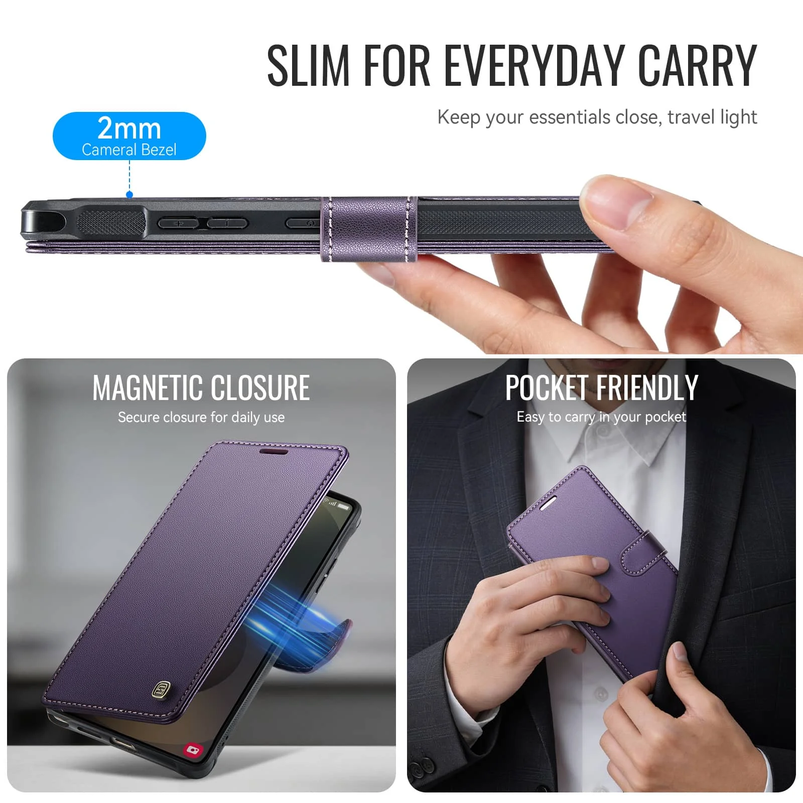 Magnetic PU Leather Wallet Case with RFID Card Holder and Stand – Slim Shockproof Flip Cover