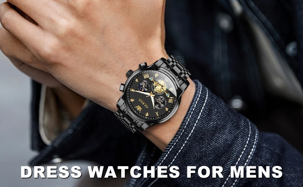 OLEVS 2856 Quartz Watch for Men Flywheel Skeleton Chronograph Moon Phase Multifunctional Stainless steel Men's Wristwatches