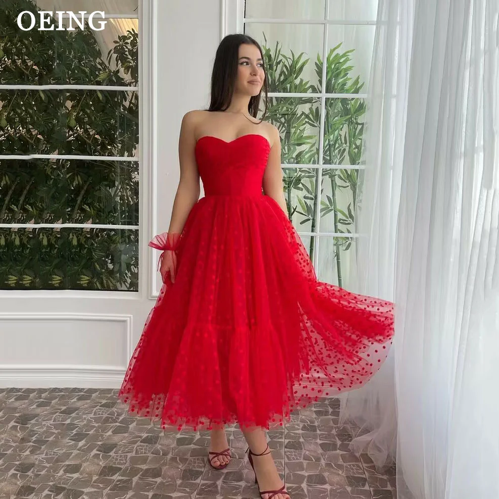 

OEING Fairy Red Tulle Short Prom Dresses Elegant Sweetheart Strapless Ruffles Evening Gowns Formal Wedding Party Dress 2024