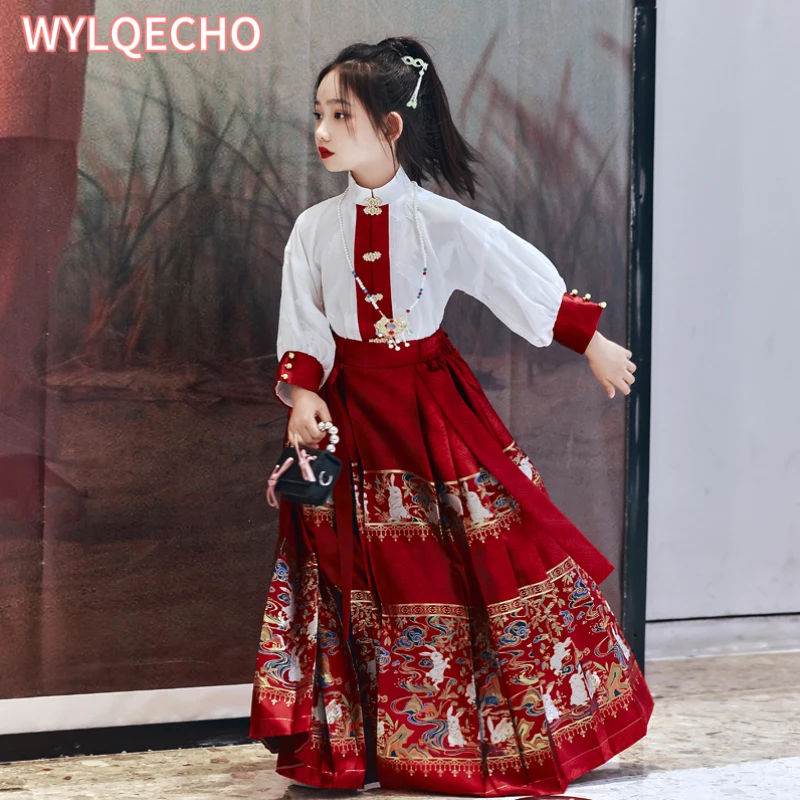 2 Pieces Kids Girls Winter Hanfu Red Horse Face Skirt Costume Dress
