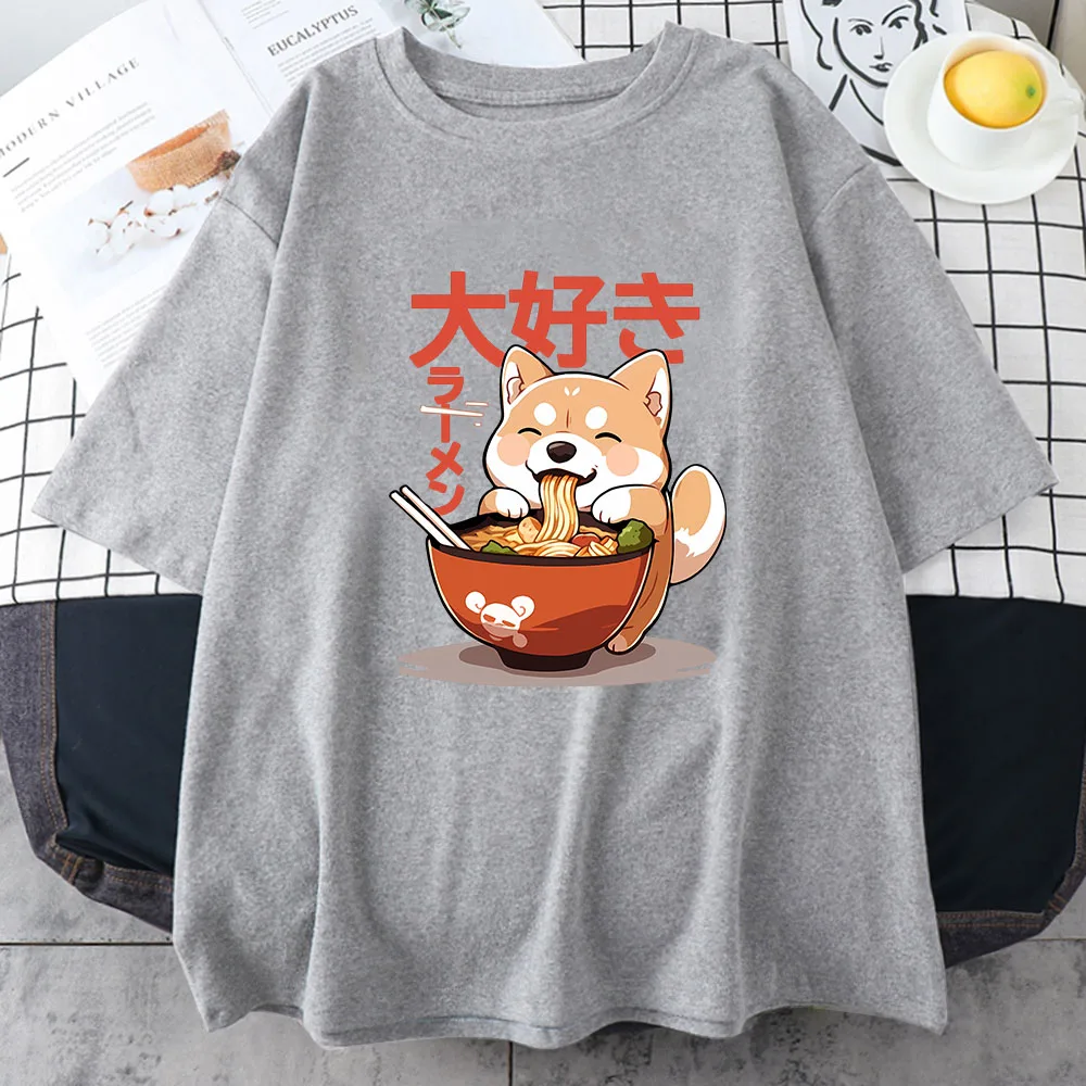 Shiba Inu Enjoying Ramen T-shirts 100% Cotton High Quality Summer Tee-shirt Casual Women/Men Kawaii Tshirt Cute Girls Shirts 6