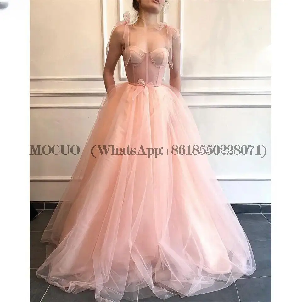 

Fairy Pink Sweetheart Tulle Prom Dress Simple A Line Long Evening Party Gown Floor Length with Pockeats Vestidos De Gala