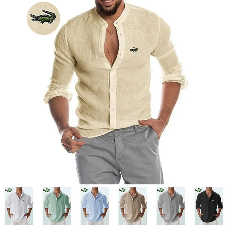 

High Elasticity Men's Spring/Summer New Long Sleeved Cotton Linen Shirt Business Casual Loose Fitting Crease-Resistance T-shirt