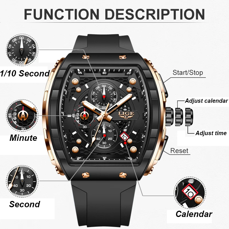 LIGE Fashion Military Analog Watch Men Top Brand Luxury Silicone Waterproof Men's Quartz Wristwatches Casual  Sports Chronograph