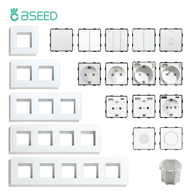 BSEED-Joli Mural à Bouton 1/2/3 lèvent, 1/2 Voies, Prises électriques, Fonction Tech, Cadre en Verre, Bricolage, Blanc Libre 1