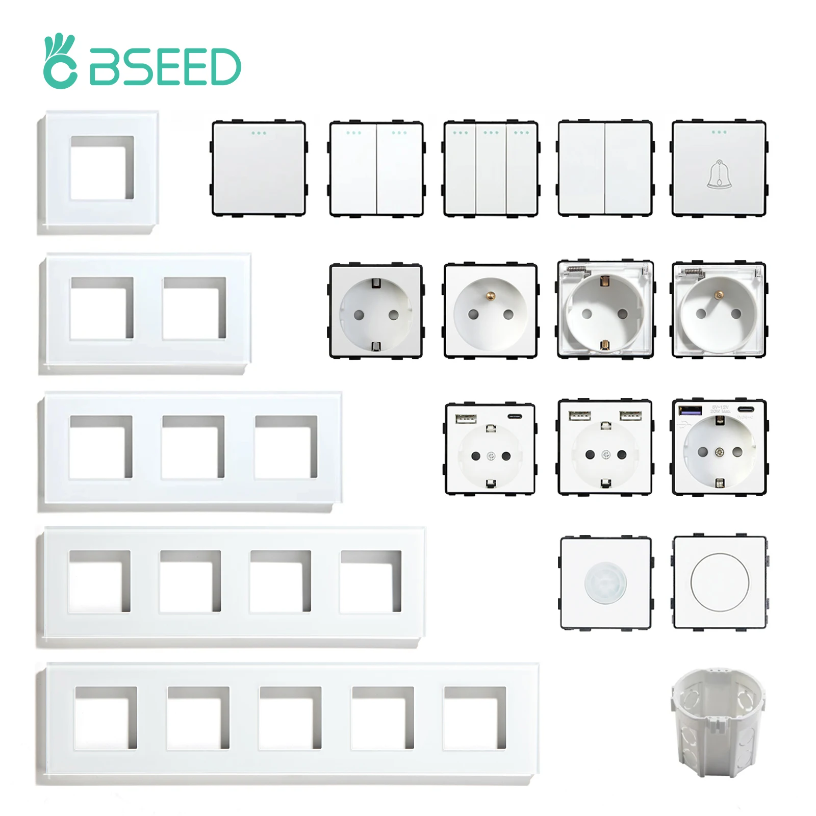 BSEED 단추 벽 스위치 부품, 벽 소켓 전기 콘센트, 유리 프레임, DIY 모듈 부품 무료 조합, 흰색, 1, 2, 3 갱 1, 2 웨이