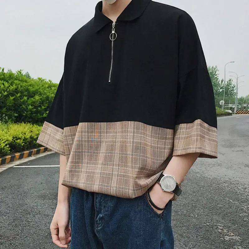 

Summer Hong Kong style polo lined men's short-sleeved T-shirt loose Korean style men's three-quarter sleeve student half-sleeve