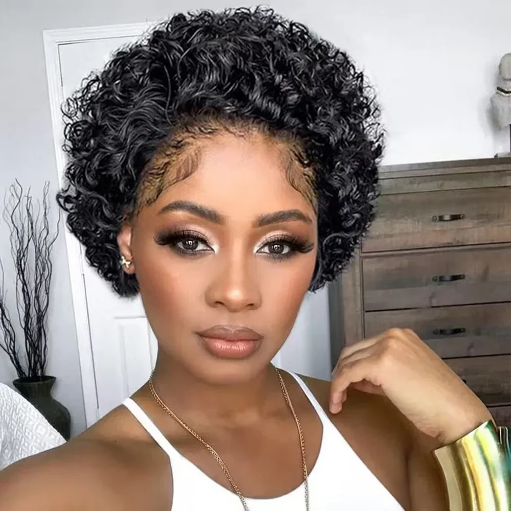 6inch Pixie Cut Short Curly 13x1 Transparent Lace Front Wigs Brazilian Human Hair Pre Plucked Hairline Curly Wig For Black Women