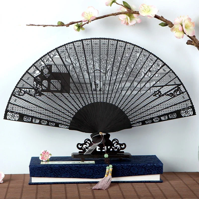 

Chinese Classical Folding Fan Ebony Hollow Out Carved Exquisite Hand Fan Handmade Cultural Craft Gift Home Decorative Ventilador