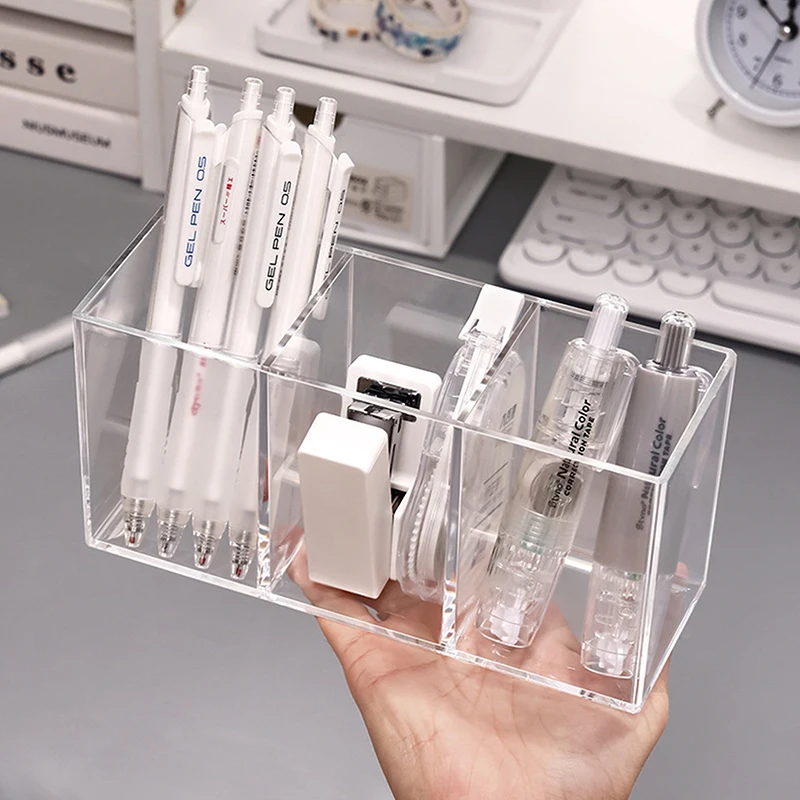 1PC Clear 3 Grids Makeup Brush Organizer Storage Lipstick Nail Polish Display Stand Holder Desk Stationery Pen Holder Makeup Organizer Pen Holder Makeup Storage Box Cosmetic Storage Box