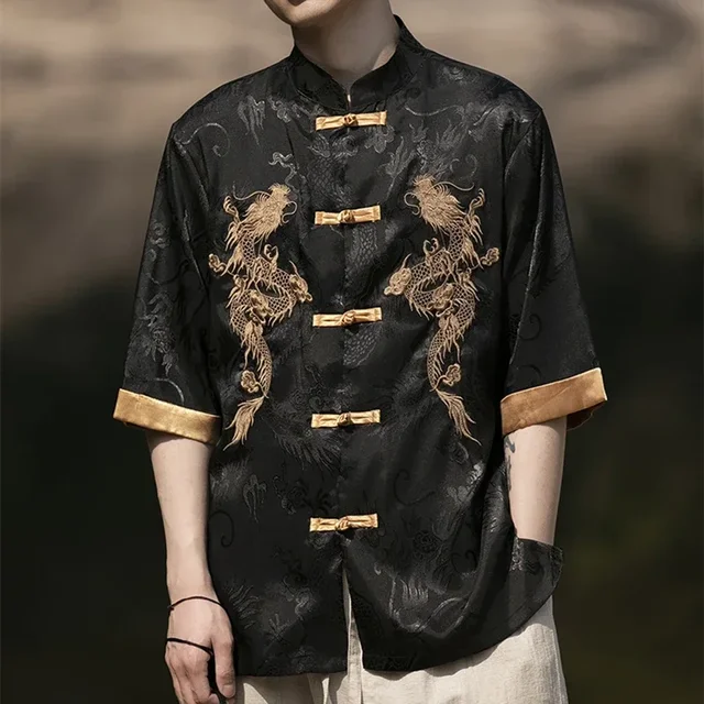 Robe traditionnelle chinoise d'été de haute qualité, chemise brodée de Dragon, vêtements pour hommes, soie glacée, demi-manches, hauts Vintage, grande taille 1