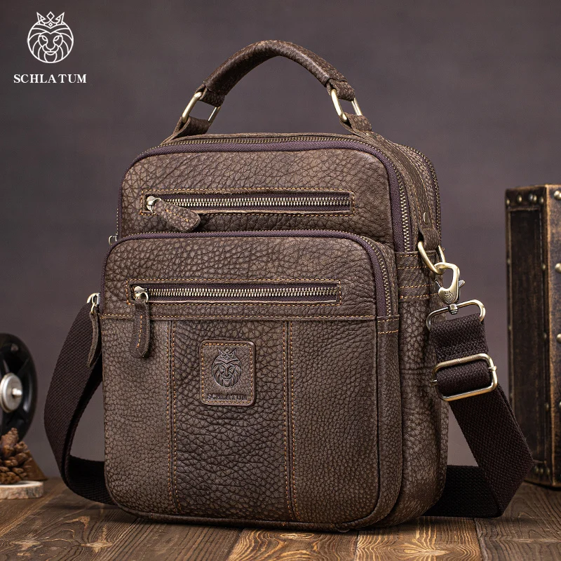 SCHLATUM Genuine Leather Shoulder Bag  Large Capacity Messenger Bag Men Fashion Travel Handbag