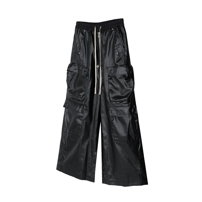 Trendy American Street Men's Work Pants PU Leather Pocket Wide Leg Trousers Solid Color Darkwear Male Casual 21Z7056 FEWQ