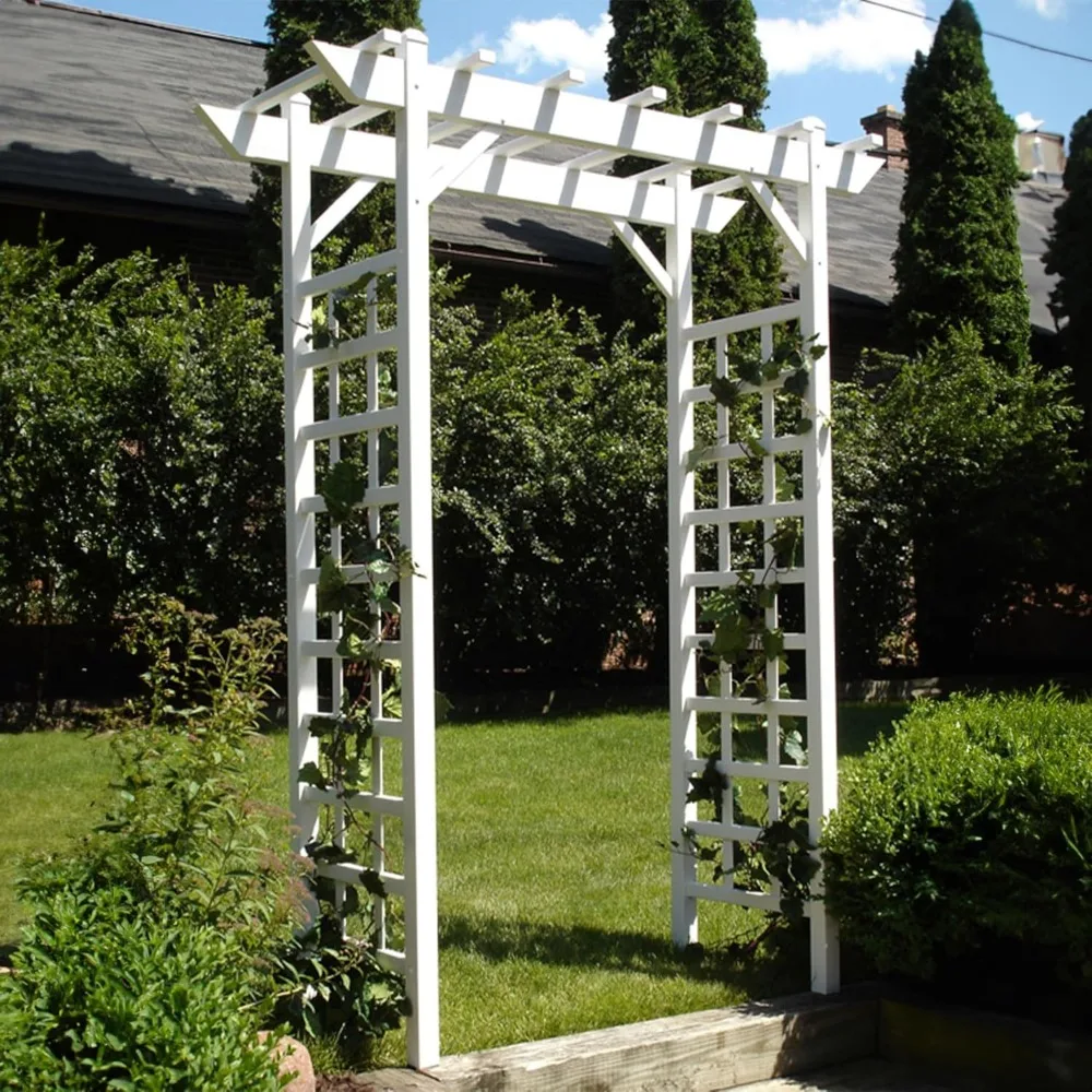 Garden Arch PVC Patio 64 by 85 Inch, Outdoor Lattice Frame Decoration or Trellis for Climbing Plants, White