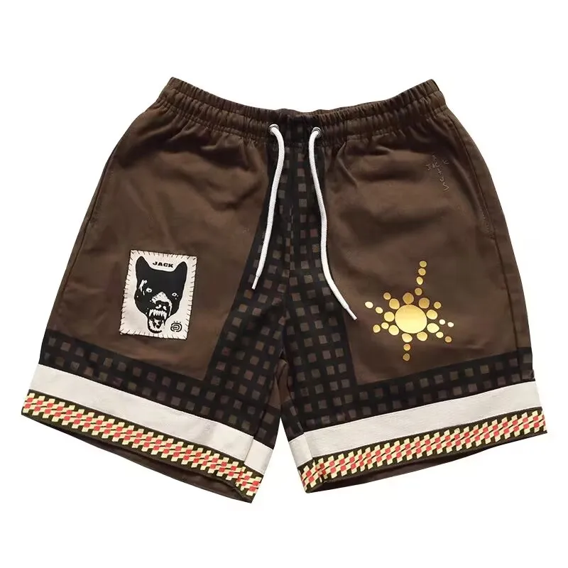 Kanye West Checkered Shorts Wolf-head Patch Panel Drawcord Plaid Men's Cartoon Sports Shorts Streetwear Urban Shorts for Male