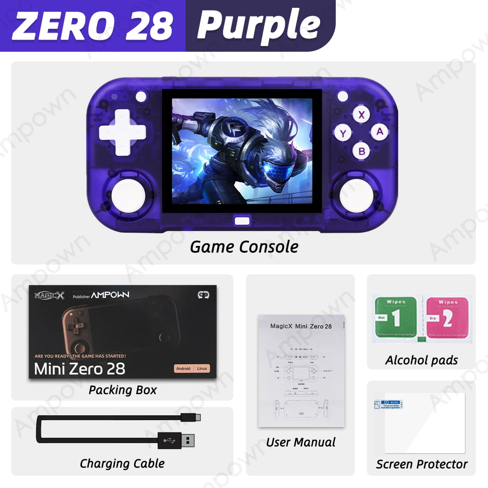AMPOWN Mini Zero 28 Handheld Game Console 2.8'' IPS Screen AllWinner Processor Android System 2.4GWIFI MAGICX ZERO28 Player Gift