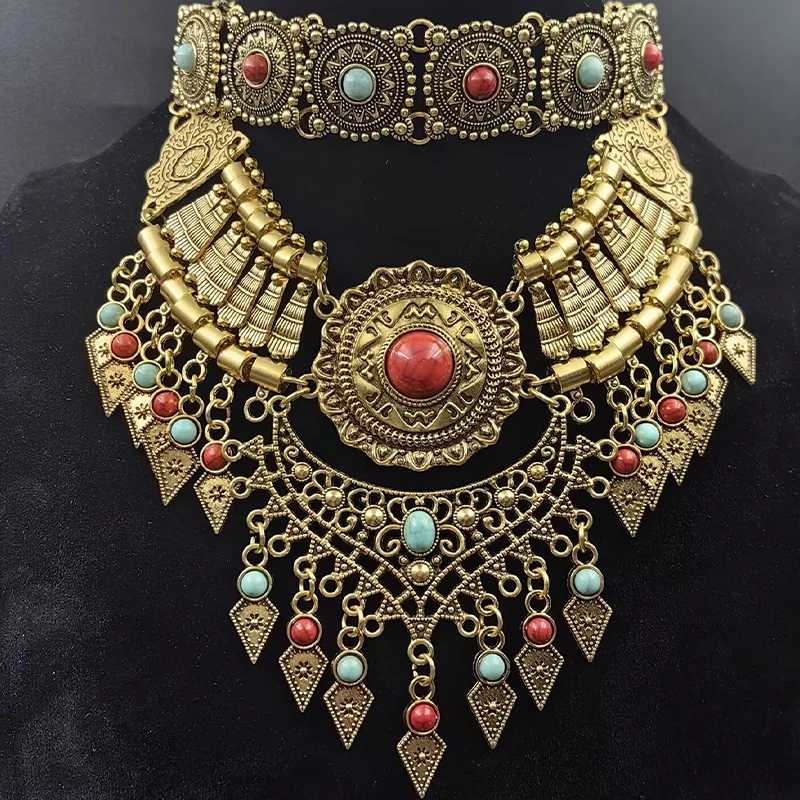 Layered Bohemian Statement Necklace Women's Fashion Retro Teardrop Tassel Collar Jewelry for Casual Matching & Party Styling 8