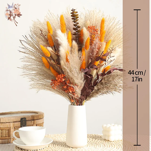 Natural Fluffy Pampas Grass Dried Flowers Bouquet Orange Boho