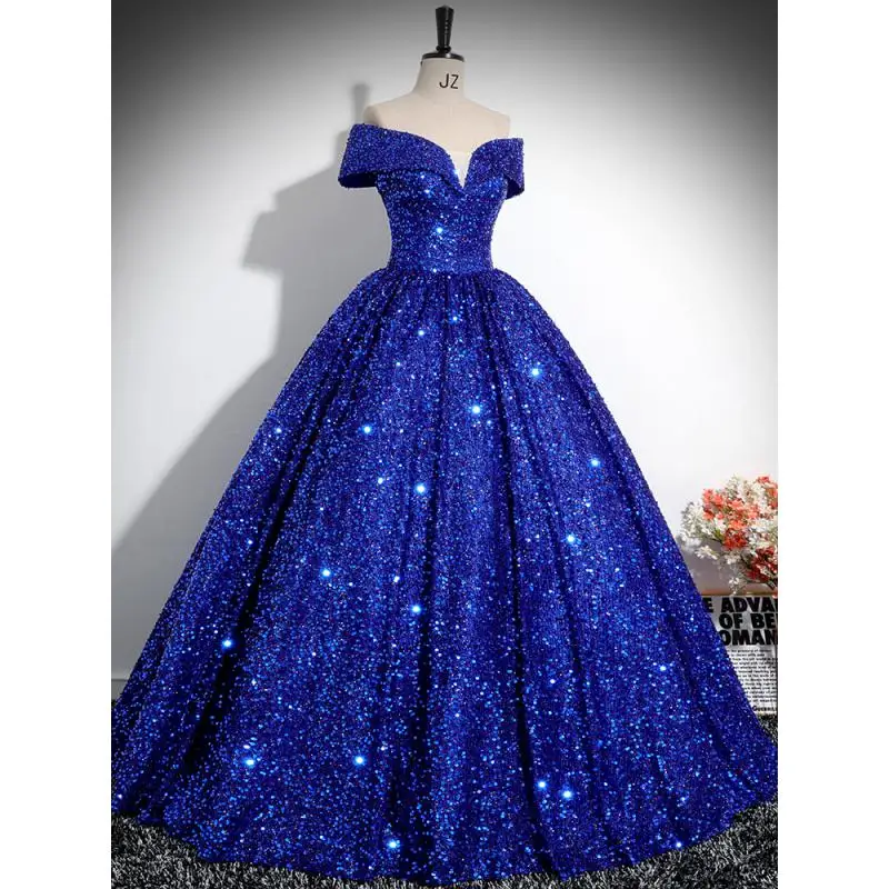 Boat Neck Off-shoulder Quinceanera Dresses Vestidos De 15 Anos Sparkly Sequined Formal Princess Birthday Party Gowns