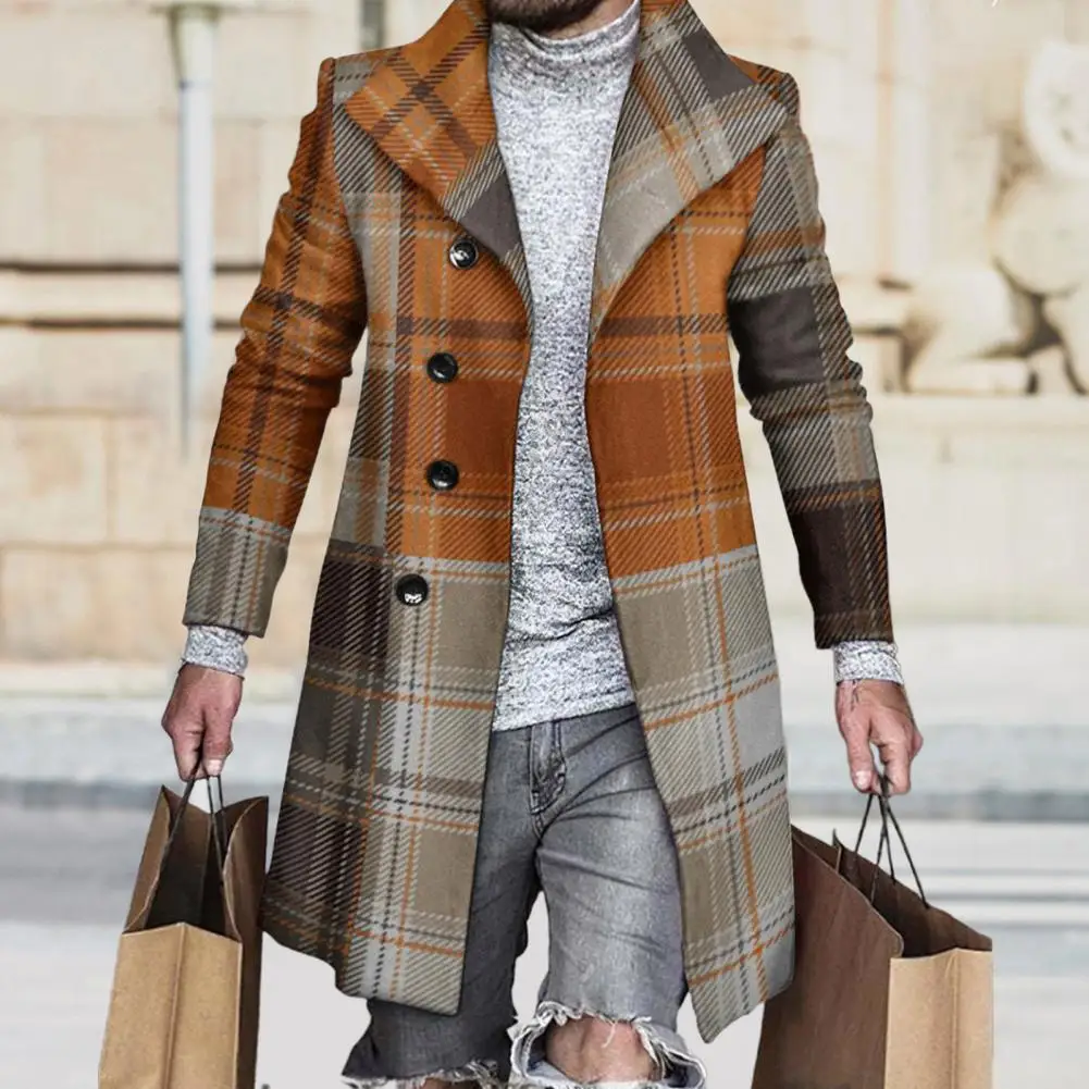 

Woolen Overcoat Soft Casual Jacket Outerwear Coldproof Popular Men Fashion Casual Plaid Stitch Thickened Woolen Jacket Coat