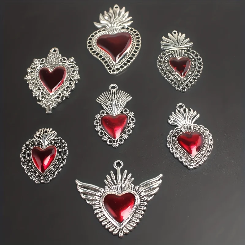 

7pcs Mixed Silver Plated Enamel New Gothic Style Sacred Heart Alloy Pendant DIY Charms Earrings Necklace Jewelry Crafts Making