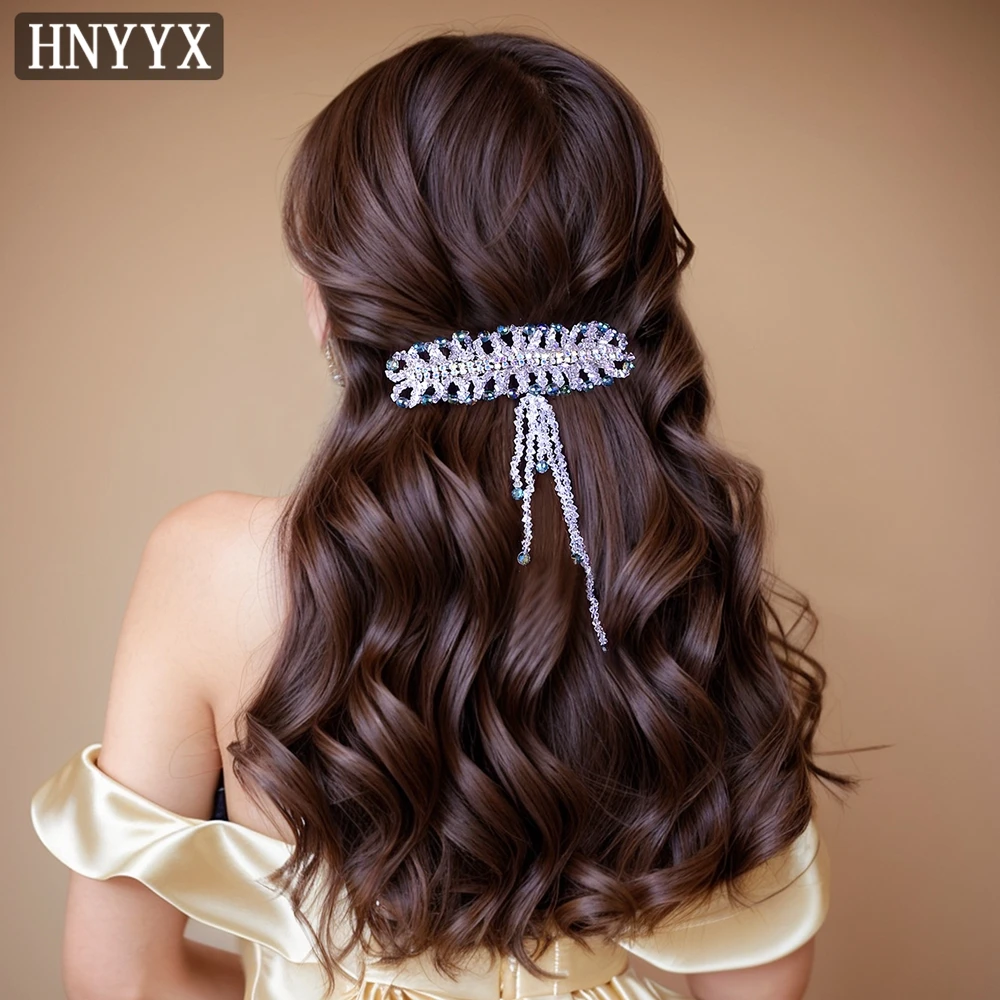 HNYYX Crystal Hair Clips Shiny Tassel  Spring Clips for Women Rhinestone Decor Hair Pins Wedding Party Hair Accessories  A49