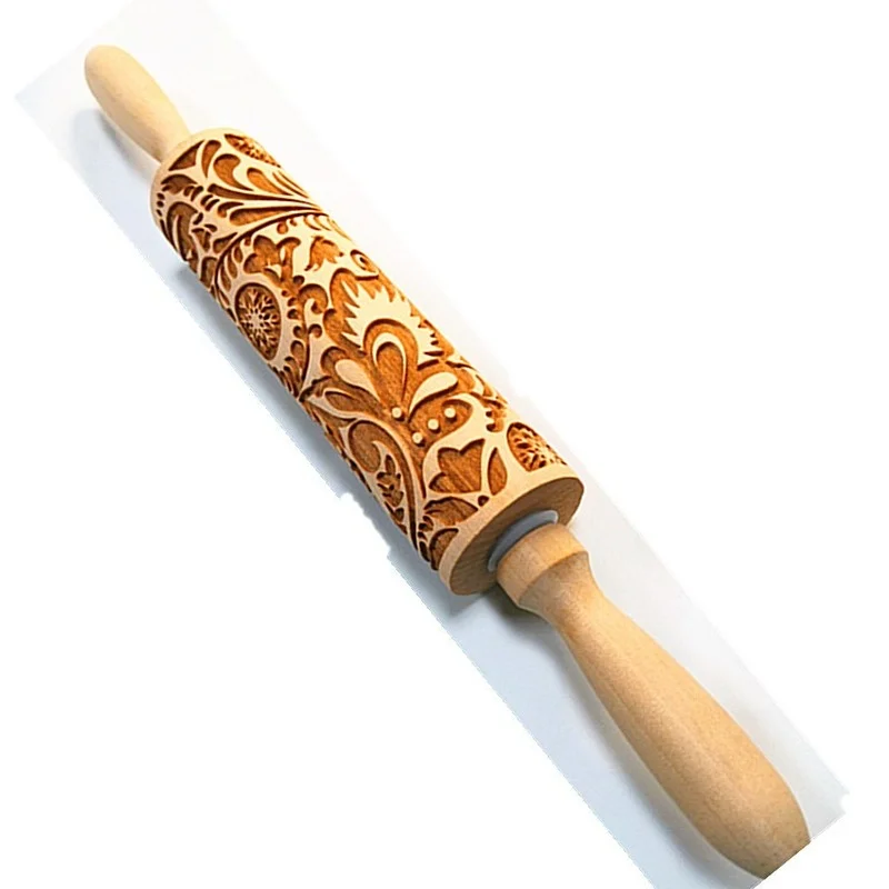 Wooden Embossing Baking Tools New Pattern Rolling Pin Flower Dough