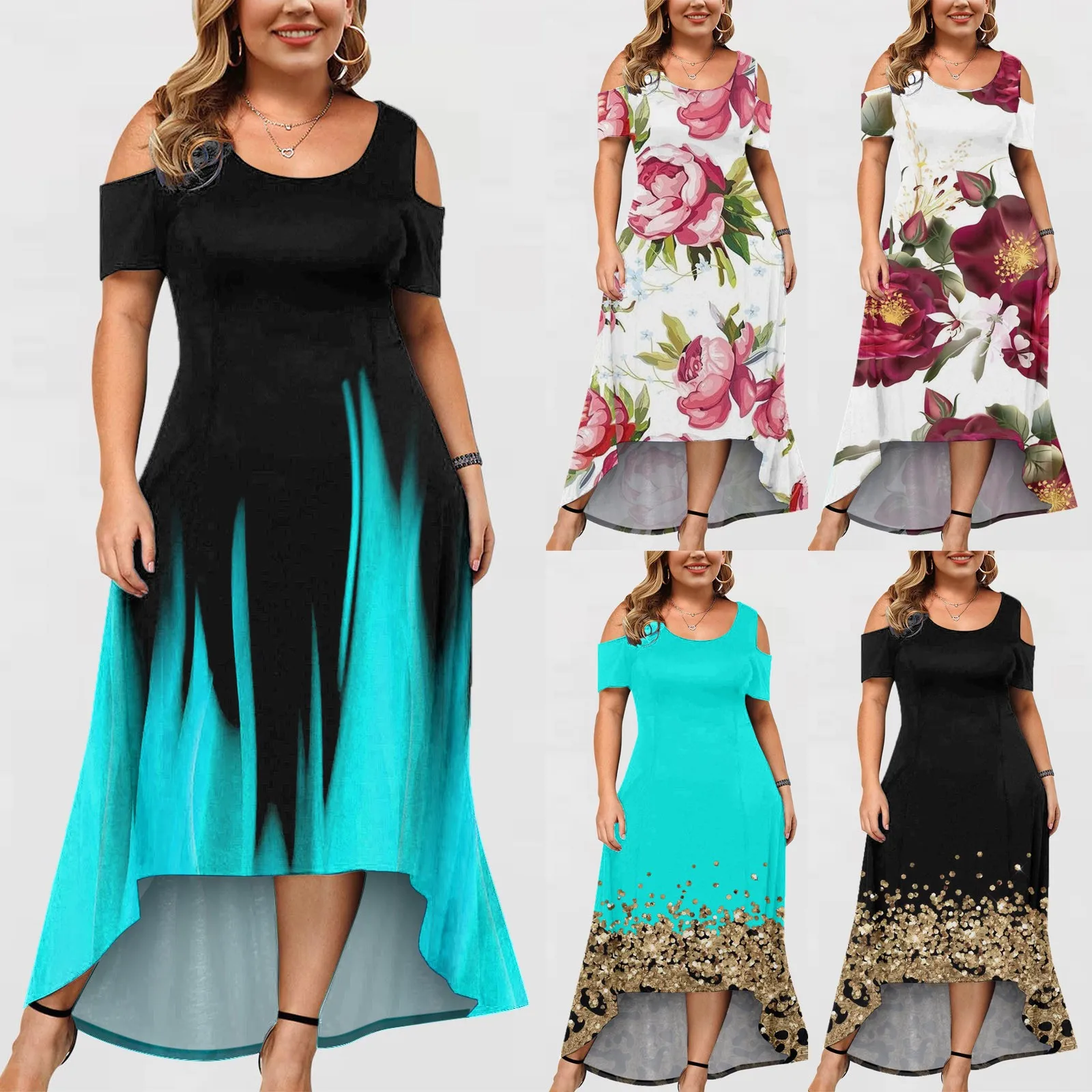 

plus Size Off Shoulder Collar Collar Dress Boho Plus Size Print Floral Maxi Dress Women Casual Vintage Vestidos Cocktail Dress
