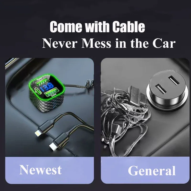 5 in 1 USB C Car Phone Charger Adapter with Voltage Display Spring Cable for iPhone 16 15 Pro Max Samsung phone charger,car charger,phone charger adapter,car phone charger