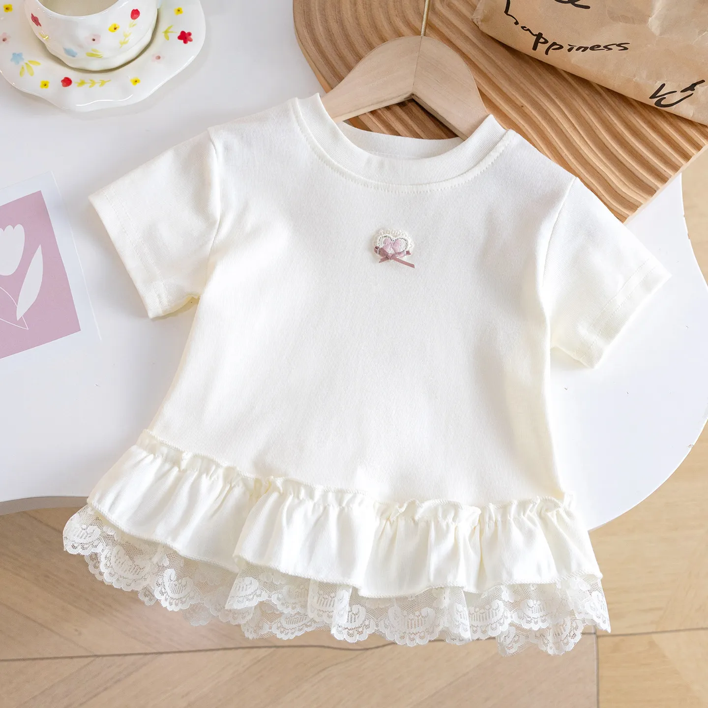 Girls T-shirt 2026 Summer New Style with Ruffled Hem Baby Cotton Breathable Top Baby Versatile Princess Thin Summer Clothes - 3