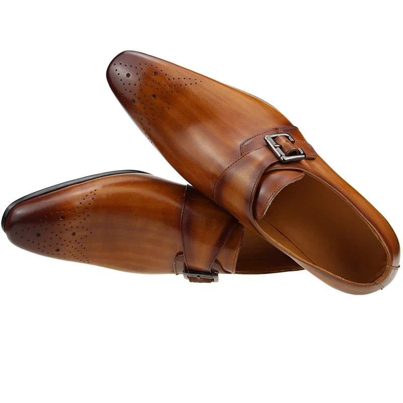 Mens Formal Male Shoe Side Buckle Leather Shoes Pointed Toe Bullock Carving classic style Classic gentleman Formal wear Pointed 4