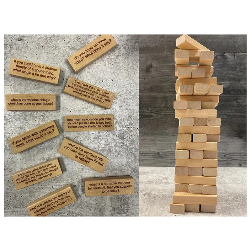 54 PCS Questions Tumbling Tower Game Ice Breaker Questions Tumbling Wood Color Wooden Giant Wood Stacking Game With Scoreboard 3