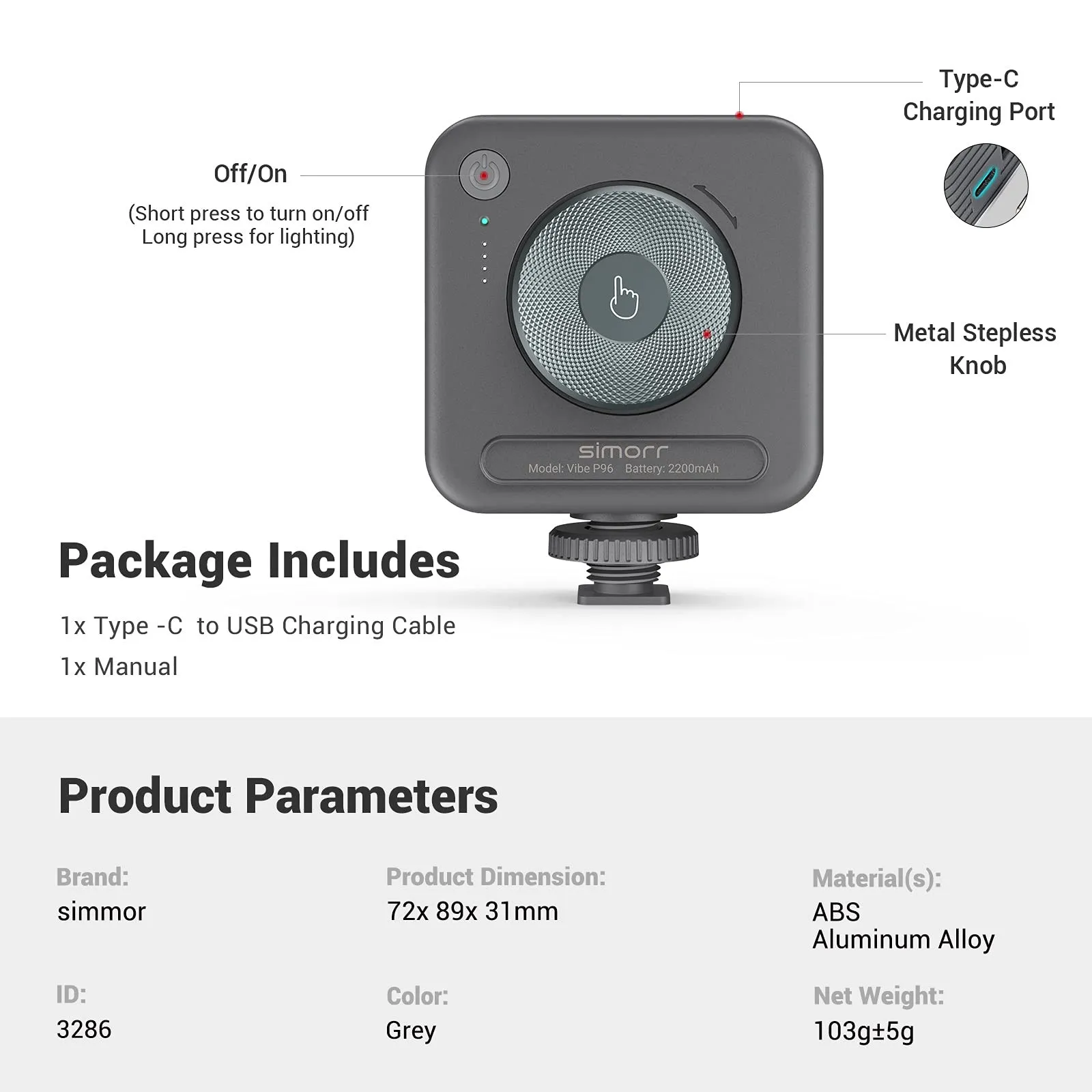 P96 LED Video Light Mini LED Camera Lights 2200mAh 6500k Zoom Photo Video Lighti