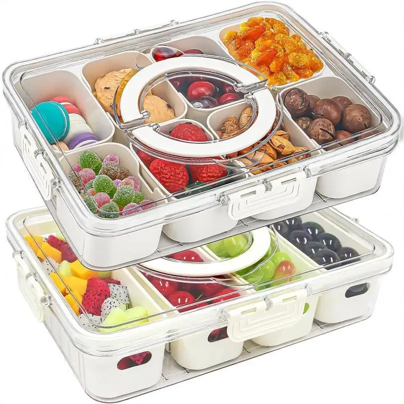 Plateau de service divisé avec couvercle, récipient de stockage des aliments, boîte à collation, récipients de collation à 4/8 compartiments, récipients de stockage de fruits