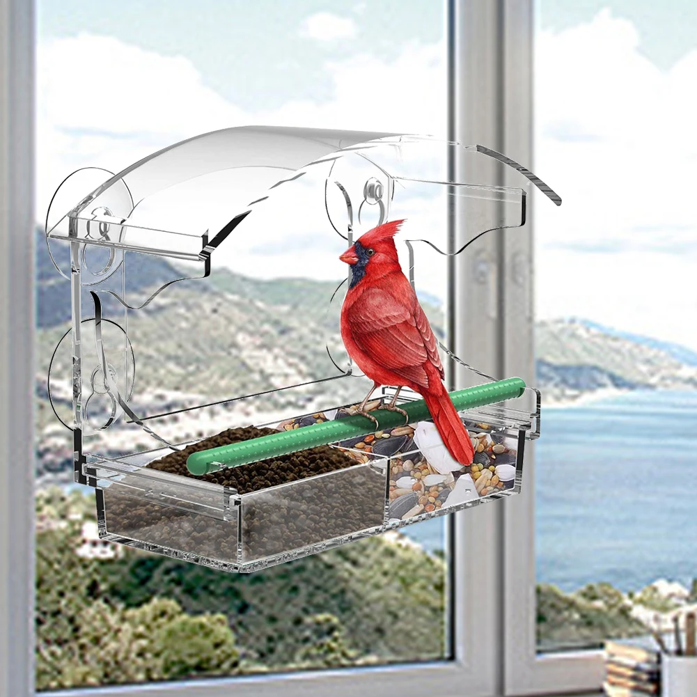 Window Bird Feeder Window Bird Bait Box with 4 Suction Cups Acrylic Window Birdhouse with Rod Wild Bird Feeder for Outdoors