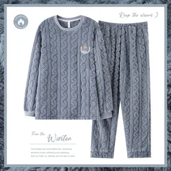 Men's Autumn Winter Pajamas Outfit Youth Plush Thickened Warm Coral Fleece Sleepwear Teen Casual Flannel Loungewear Set Pijama