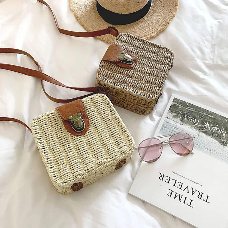 Hand-woven Women Straw Bag Ladies Shoulder Bags Beach Travel Crossbody Bag Female Small Rattan Box Handbag Shopper Totes Bohemia